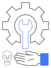 Gear with central wrench, hand gesture, and light bulb symbolize support, mechanics, and innovation. Ideal for engineering, technical assistance, problem-solving, creativity technology maintenance