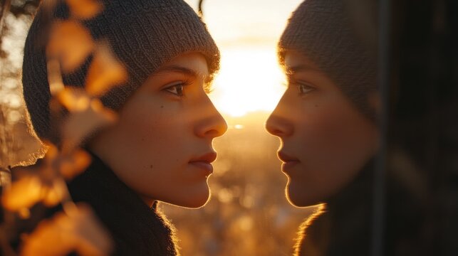 Golden Hour Reflection: Twin Souls at Sunset