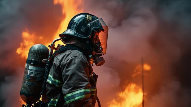 A firefighter stands resolutely amidst roaring flames and thick smoke, fighting a raging fire during the evening.