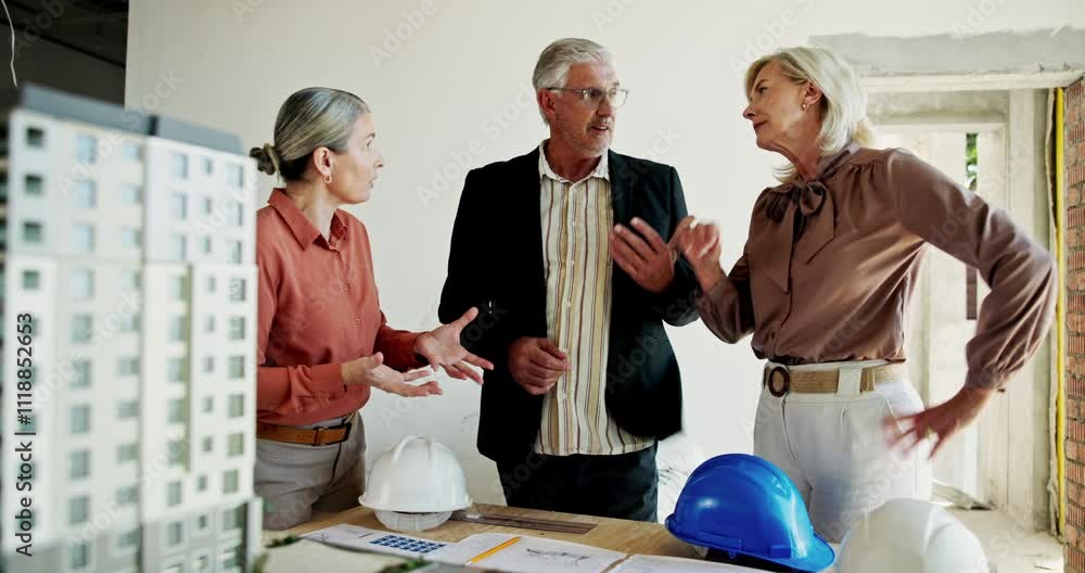 Poster Blueprint, building model and decision meeting with architecture, collaboration and planning for builder job. Engineer, management and people with discussion and contractor design with renovation