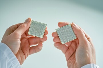 Hands holding semiconductor chips in the research room, in the style of light white, the color is gray with low saturation, ward winning photography, light background, shot by Leica S3, realistic, det