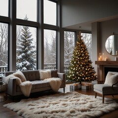 Modern Christmas tree with silver and white ornaments in a contemporary home interior