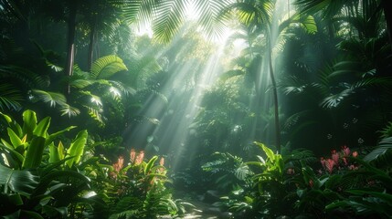 Sunbeams illuminate lush tropical rainforest.
