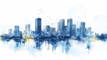 Obraz premium Watercolor cityscape skyline reflected in water.