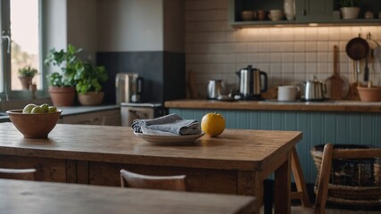 Fototapeta premium Blurred kitchen interior with desk and napkin