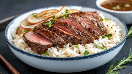 Enjoy a close-up of a beautifully presented beef rice bowl topped with marinated meat, accompanied by miso soup and sauces