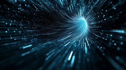 Fototapeta premium A dynamic cascade of glowing blue particles swirling in an abstract vortex against a blurred gradient background, evoking a futuristic and ethereal atmosphere