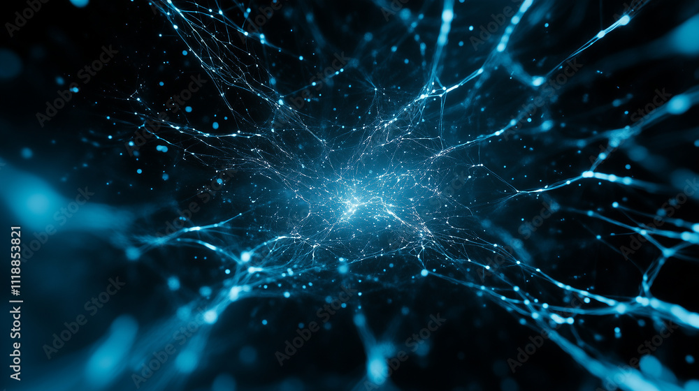 Poster a mesmerizing array of glowing blue particles resembling a galaxy, softly blurred to evoke a sense o