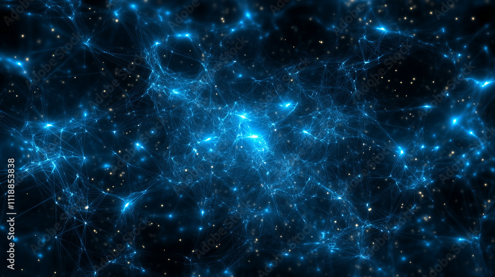 Poster a mesmerizing array of glowing blue particles resembling a galaxy, softly blurred to evoke a sense o