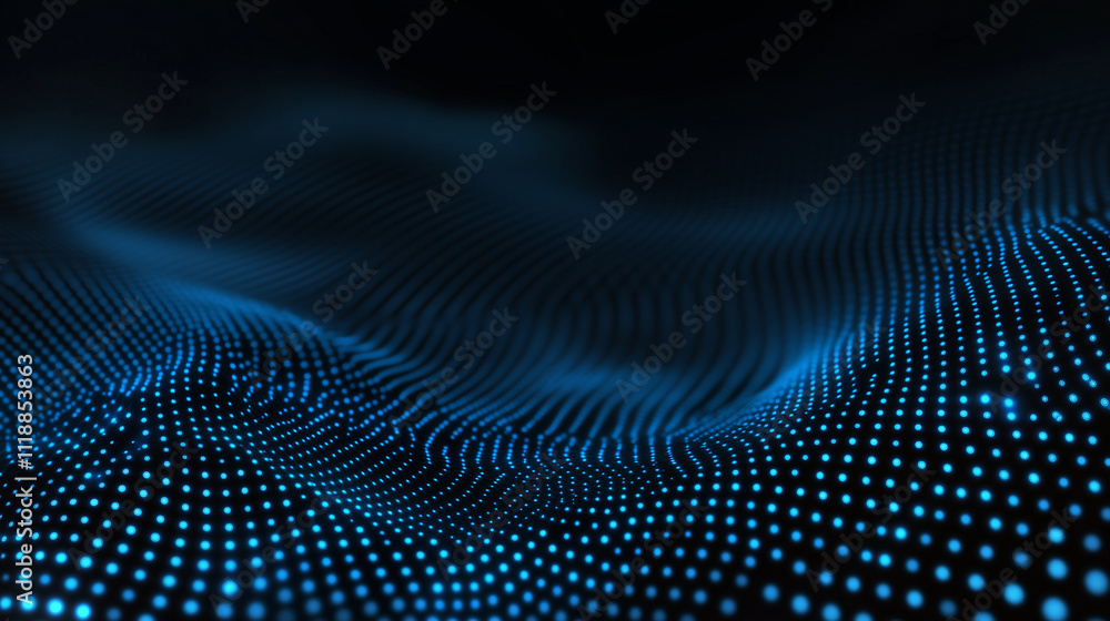 Poster a smooth gradient background in shades of blue and black, dotted with clusters of softly glowing blu