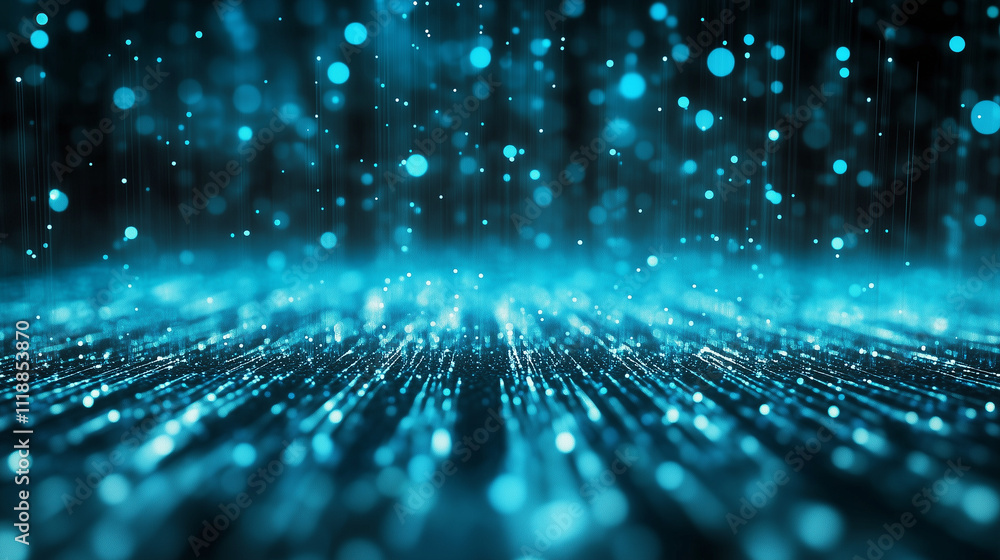 Poster a matrix-like effect of glowing blue particles cascading in vertical streams, with a blurred backgro