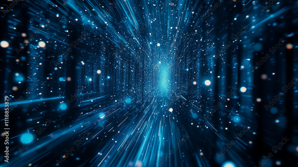 Poster a matrix-like effect of glowing blue particles cascading in vertical streams, with a blurred backgro