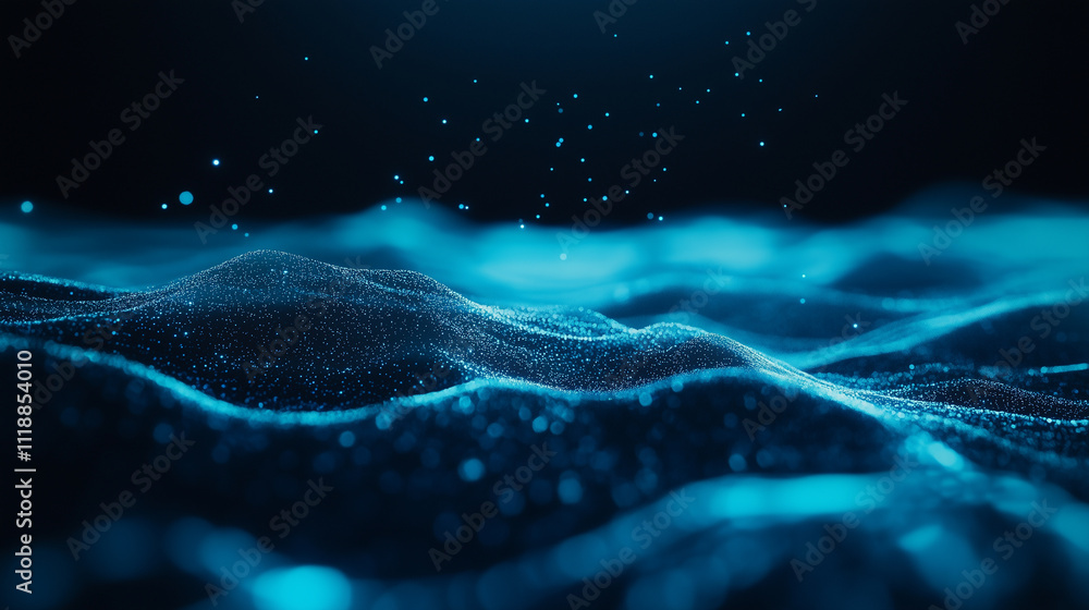 Poster a layered composition of translucent, glowing blue particles floating across a blurred gradient that