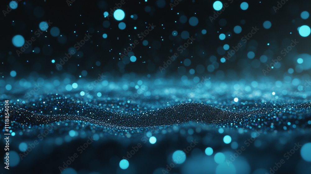 Poster a layered composition of translucent, glowing blue particles floating across a blurred gradient that
