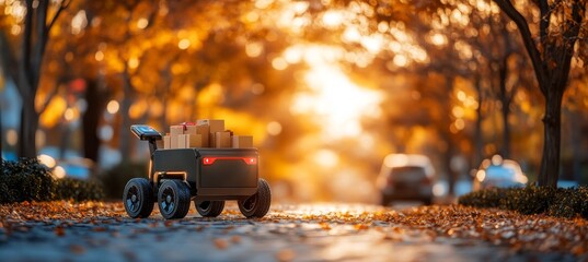 Autonomous Delivery Robot on a City Street Navigating Autumn Leaves and Delivering Packages.