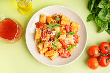 Plate of delicious penne pasta with tomato and basil on green background