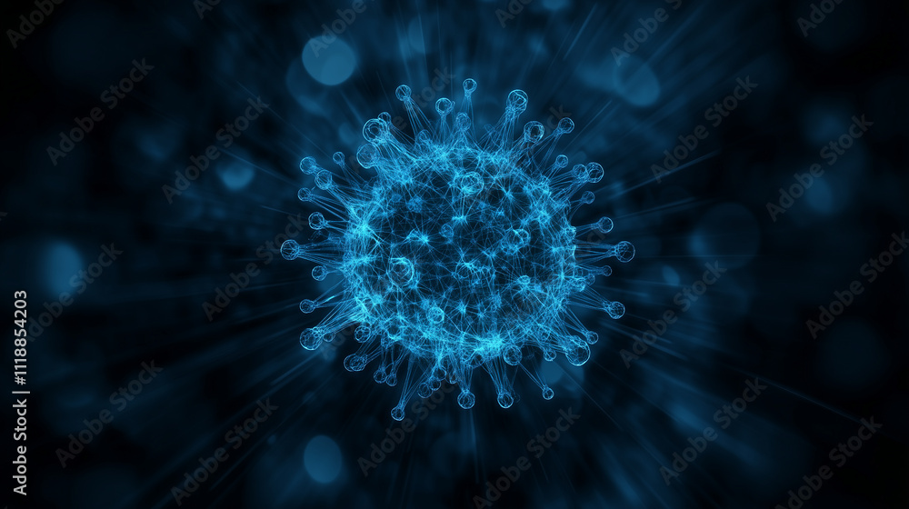 Poster an abstract design featuring a cluster of luminous blue particles expanding outward on a blurred nav