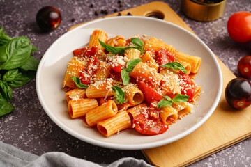 Plate of delicious penne pasta with tomato and basil on grunge background