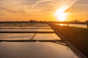 Salt flats of Aveiro at sunset. Sunset view over the salt flats of Aveiro, Portugal