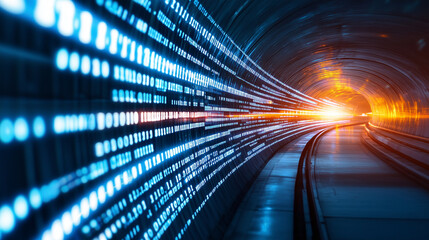A futuristic tunnel of light and data, with glowing blue and magenta accents, symbolizing travel through cyberspace