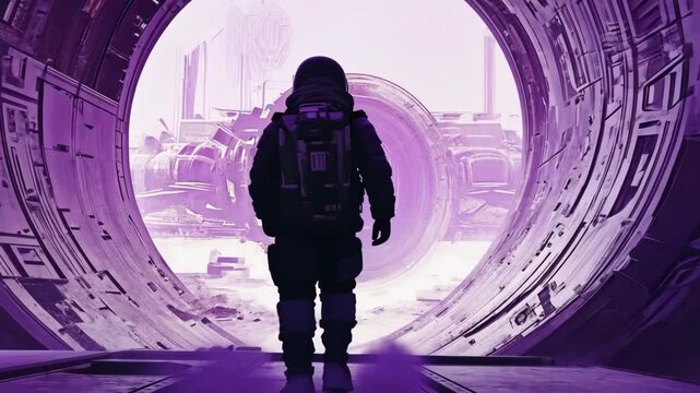 Astronaut explores mysterious portal in a futuristic sci-fi landscape filled with purple hues and advanced technology