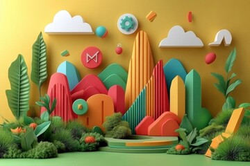 Creative 3d landscape art displaying colorful geometric forms studio setting digital artwork vibrant environment artistic perspective