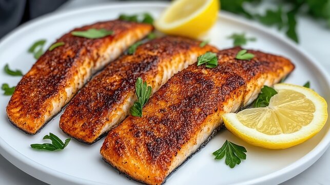 Delicate fish fillet with golden-brown edges served elegantly on a white plate, garnished with lemon juice, showcasing its natural beauty