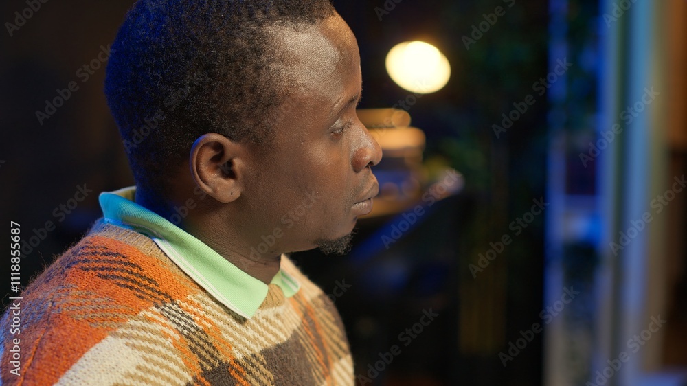 Poster professional developer manages neural network at desk working with ai code on laptop. african americ