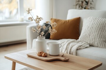 Cozy living room setup with a wooden coffee table, fresh flowers, and delicious pastries on a sunny afternoon