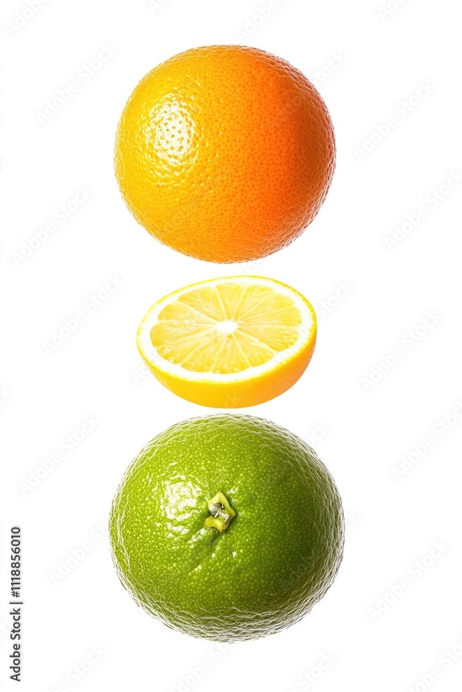 Poster three oranges are shown in a row, with one of them cut in half. the oranges are arranged in a way th