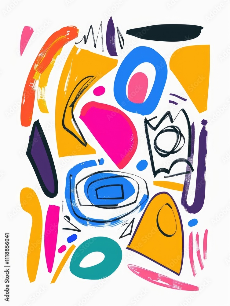 Poster bright and vibrant splashes of paint on a white background, with geometric shapes and dynamic lines 