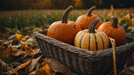 Close up of pumpkins and corn in basket