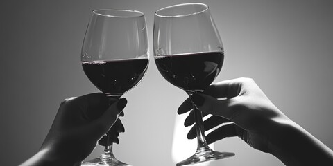 Two hands clasped over two wine glasses, creating a sense of camaraderie and celebration.