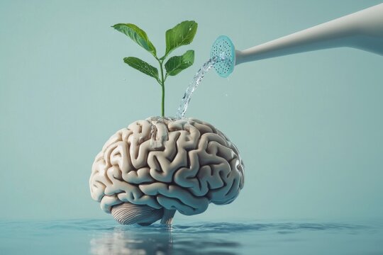 A human brain is being nourished like a plant, representing the importance of mental well-being.