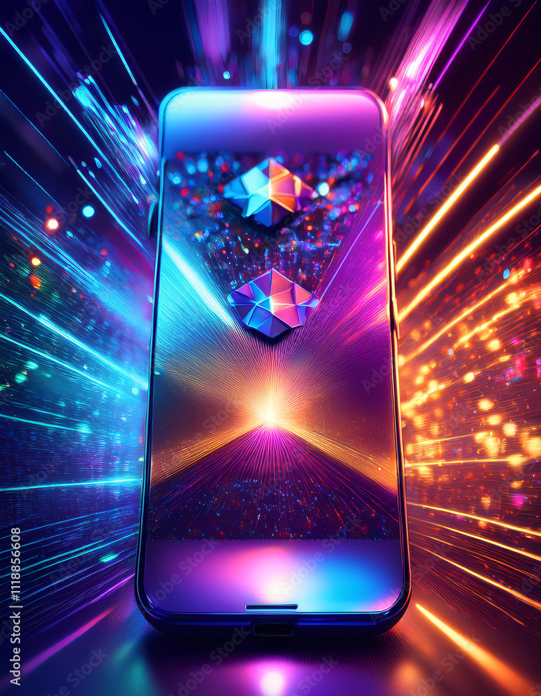 Poster a smartphone displaying a vibrant, abstract image with colorful lights and geometric shapes