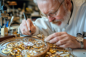 Carefully. A skilled watchmaker meticulously repairs intricate clockwork components, surrounded by tools and machinery in a workshop setting.