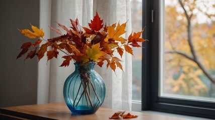 Colorful autumn leaves in a vase display