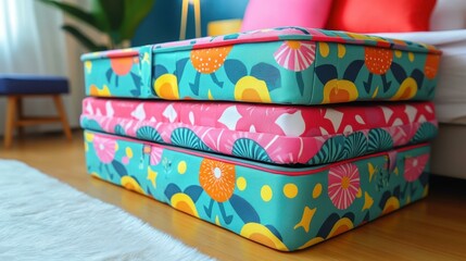 Colorful floral storage boxes stacked, organizing household items, ideal for home decor, spring cleaning, living room, vibrant pattern, bright colors, neat environment, tidy space, cozy atmosphere