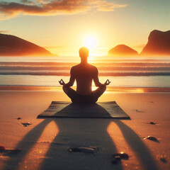 A person is meditating on a beach at sunrise, with the sun casting long shadows and illuminating the serene ocean waves