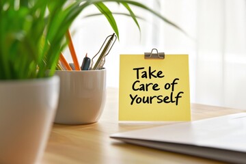 A motivational note, "Take Care of Yourself," is displayed on an office desk for daily inspiration.