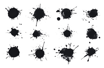 Collection of black ink splatters on transparent background, abstract art concept