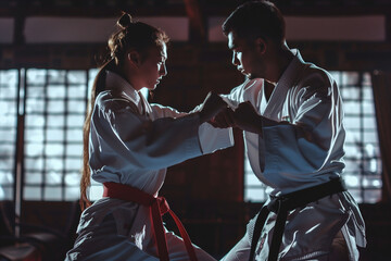 Martial Arts Fighting in Dojo with Two Competitors Engaged in Taekwondo, Karate, and Combat Sports Training