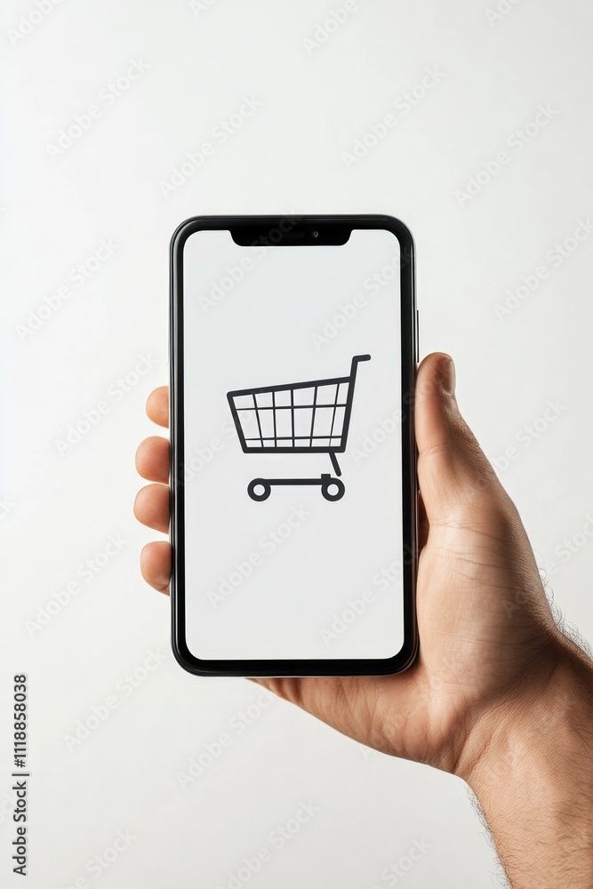 Poster hand holding smartphone with shopping app interface on display.
