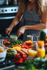 A woman preparing a fresh vegetable soup in the kitchen, using various veggies and blender.