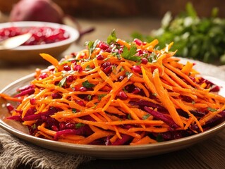 Vivid platter of shredded carrots and pomegranate seeds, making for a healthy snack or appetizer.