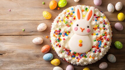 Obraz premium Colorful Easter Cake with Bunny Decoration and Candy Eggs