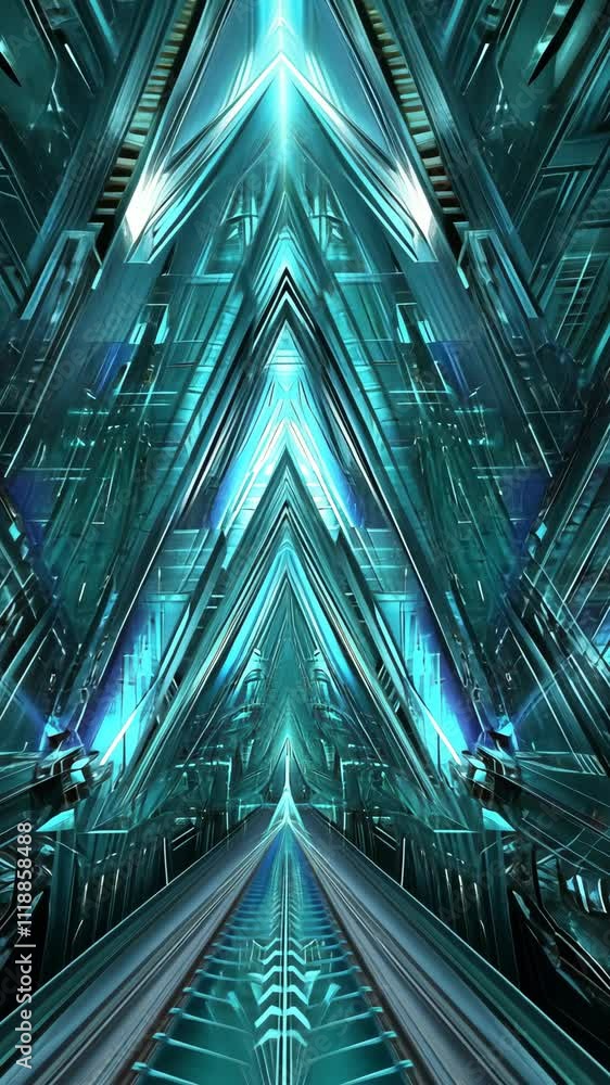 Poster futuristic and geometric digital art featuring vibrant blue hues and sharp angles creating a mesmeri