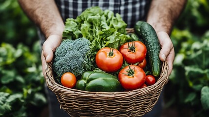 Fototapeta premium Fresh Organic Harvest of Diverse Vegetables in a Rustic Basket Held by Hands on a Farm : Generative AI