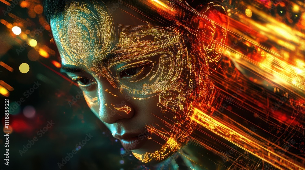 Poster digital art portrait with intricate patterns and vibrant colors