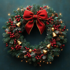 christmas wreath with red ribbon